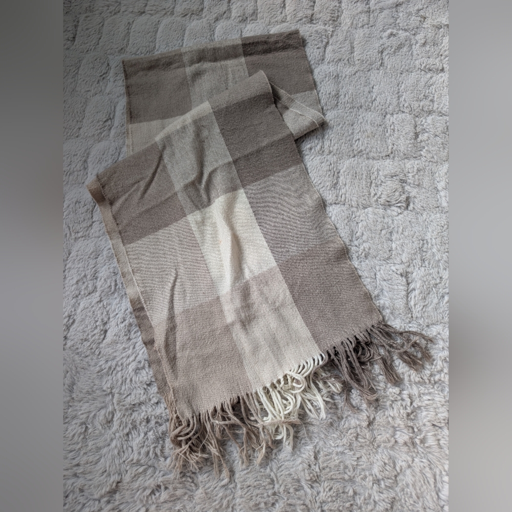 Winter Scarf Tan and Cream Plaid with fringe